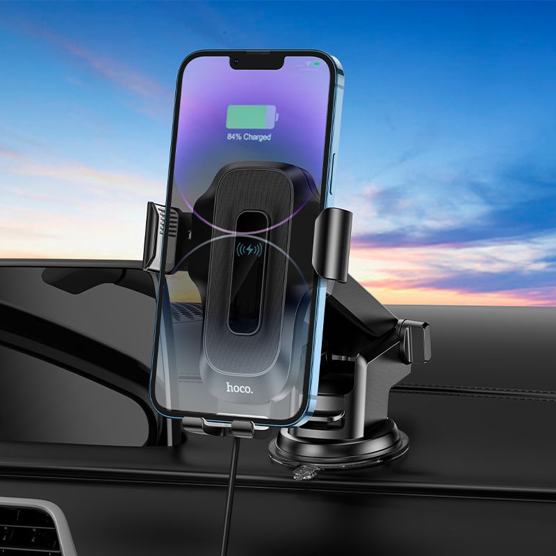 Hoco HW3 Portable 15W Fast Wireless Charger Car Holder - Black-dash mount Kickstand