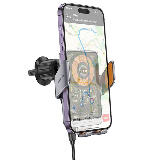 Hoco HW7 Transparent 15W Fast Wireless Charger 2in1 Air Vent Car Holder - Black