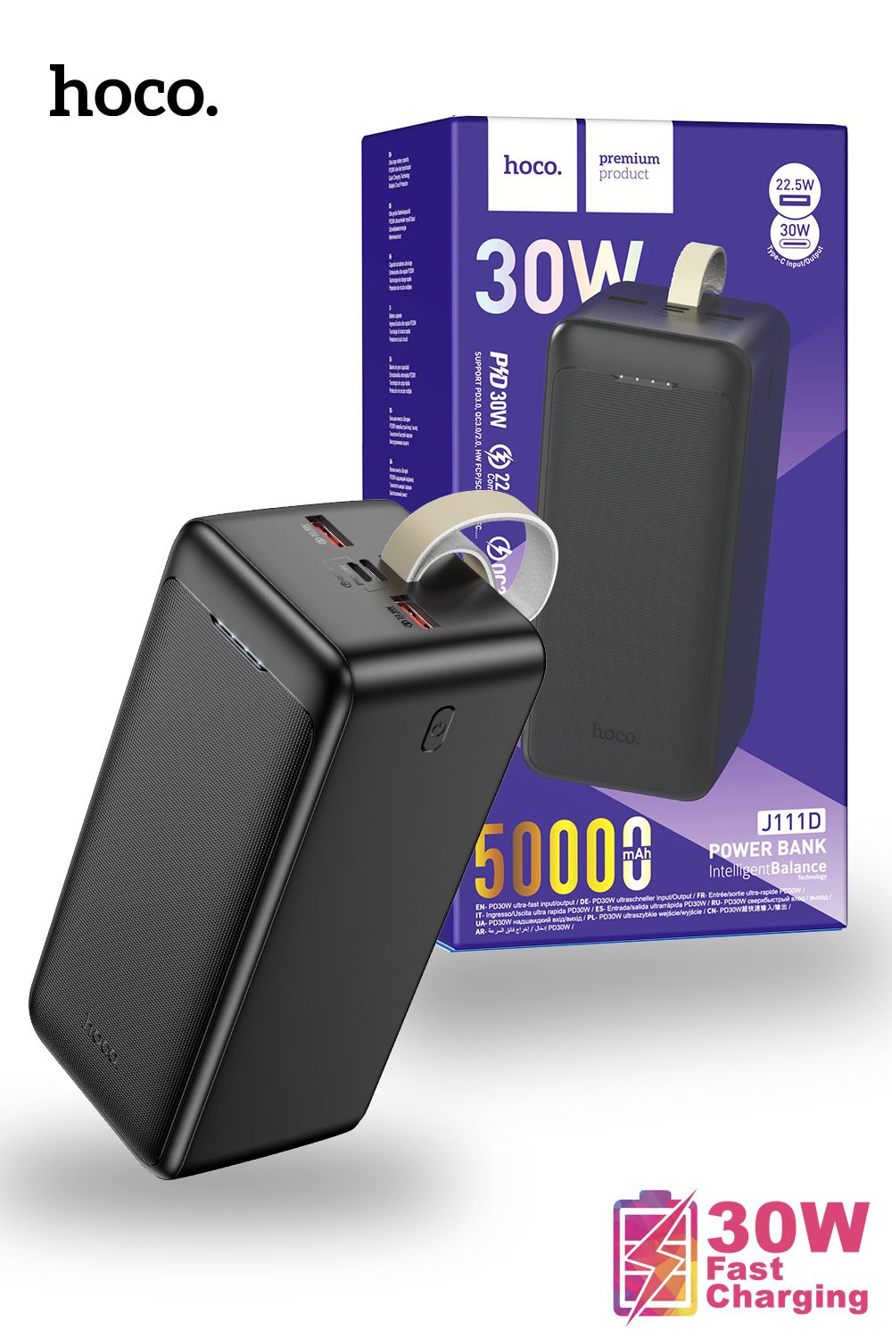 Hoco 50000mAh Portable Smart Charge Power Bank Intelligent Balance PD 30w - Black