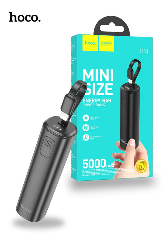 Hoco Mini Power Bank 5000mAh Energy Bar With Build in 8-Pin Cable For Iphone - Black