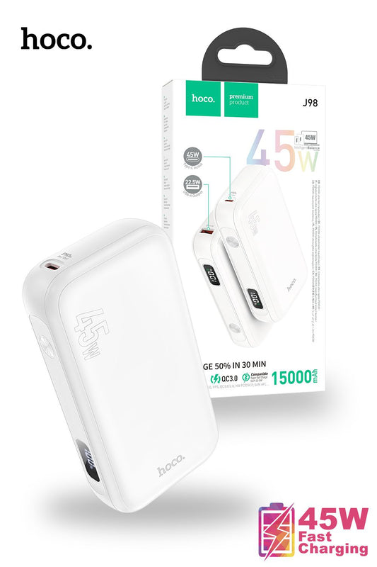 Hoco J98 Portable 15000mAh Smart Power Bank USB C Fast Charge 45W PDQC3.0 White