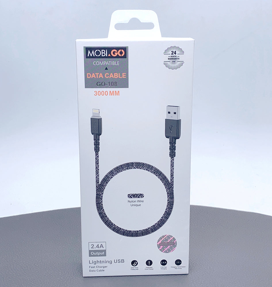 Braided Fast Charging Cable Mobigo 3m Nylon PD 65W USB-A To iPhone Cable