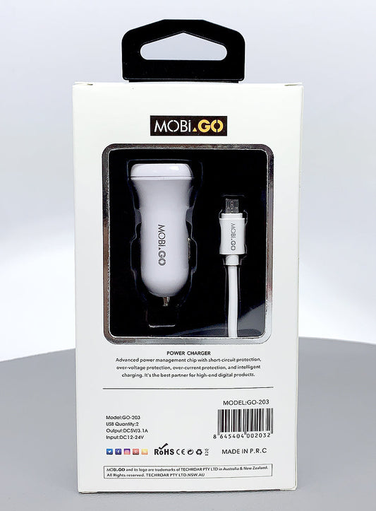 Universal Mobigo Dual USB Ciggratte Port Car Fast Charger with USB Type-C Cable