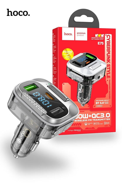 Hoco Car Bluetooth 5.0 30W Wireless FM Transmitter QC3.0 Fast Charger USB-C E75